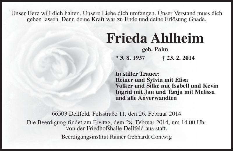  Traueranzeige für Frieda Ahlheim vom 26.02.2014 aus saarbruecker_zeitung