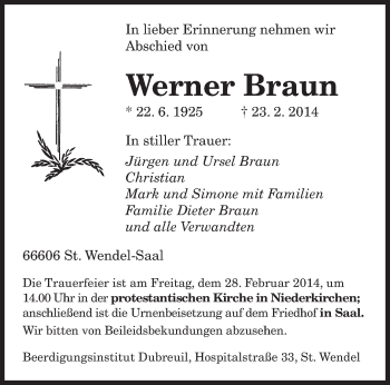 Traueranzeige von Werner Braun von saarbruecker_zeitung