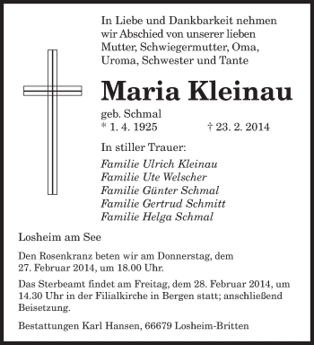 Traueranzeige von Maria Kleinau von saarbruecker_zeitung