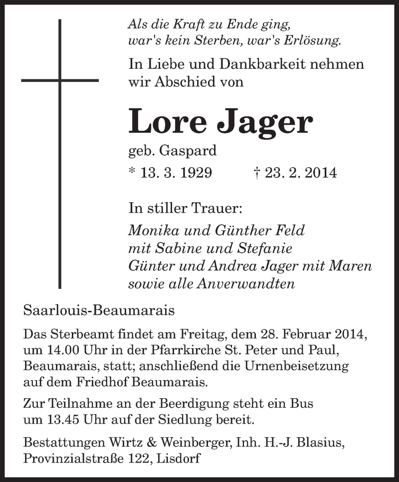  Traueranzeige für Lore Jager vom 26.02.2014 aus saarbruecker_zeitung