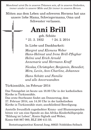 Traueranzeige von Anni Brill von saarbruecker_zeitung
