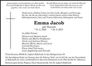 Traueranzeige von Emma Jacob von saarbruecker_zeitung