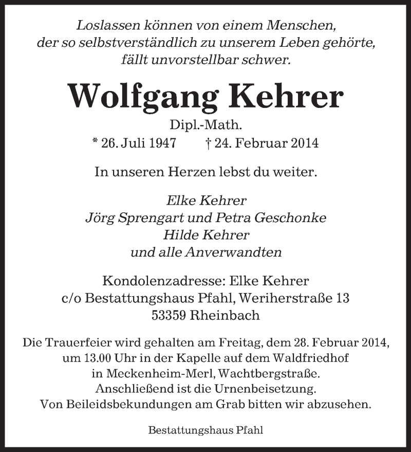  Traueranzeige für Wolfgang Kehrer vom 26.02.2014 aus saarbruecker_zeitung