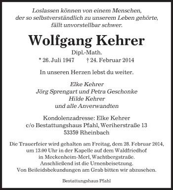Traueranzeige von Wolfgang Kehrer von saarbruecker_zeitung