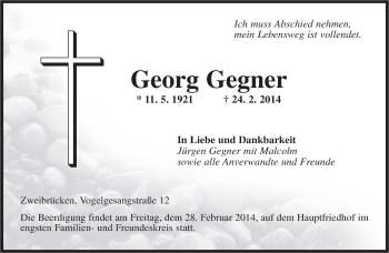 Traueranzeige von Georg Gegner von saarbruecker_zeitung