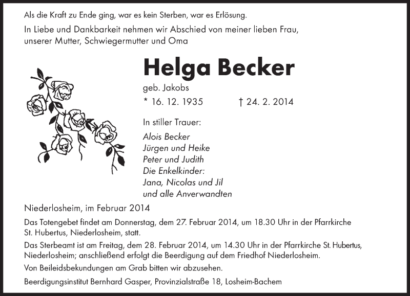  Traueranzeige für Helga Becker vom 26.02.2014 aus saarbruecker_zeitung