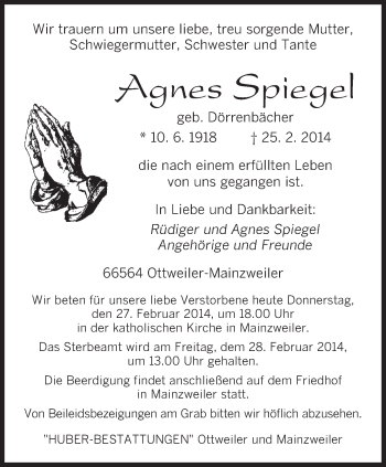 Traueranzeige von Agnes Spiegel von saarbruecker_zeitung