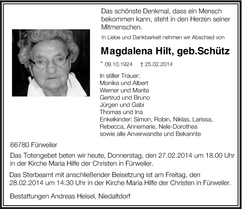  Traueranzeige für Magdelena Hilt vom 27.02.2014 aus saarbruecker_zeitung