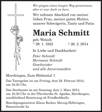 Traueranzeige von Maria Schmitt von saarbruecker_zeitung