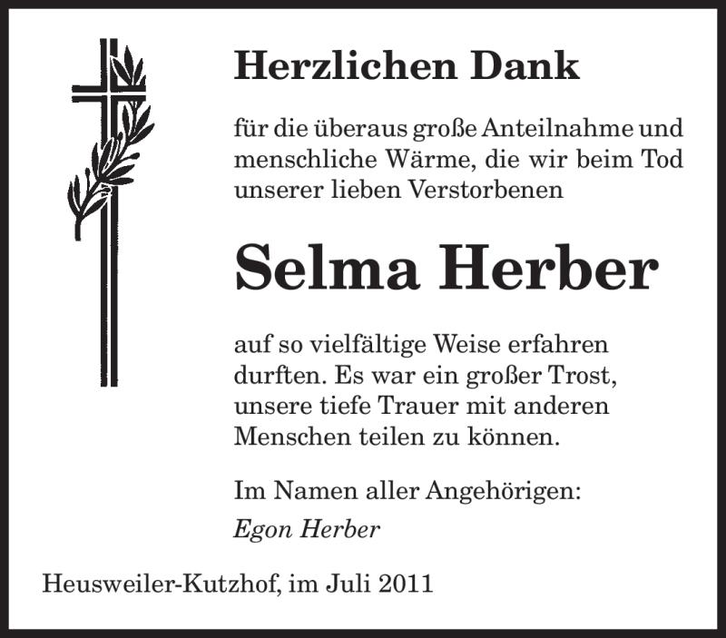  Traueranzeige für Selma Herber vom 09.07.2011 aus SAARBRÜCKER ZEITUNG