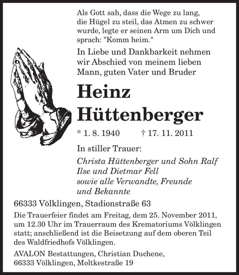  Traueranzeige für Heinz Hüttenberger vom 23.11.2011 aus SAARBRÜCKER ZEITUNG