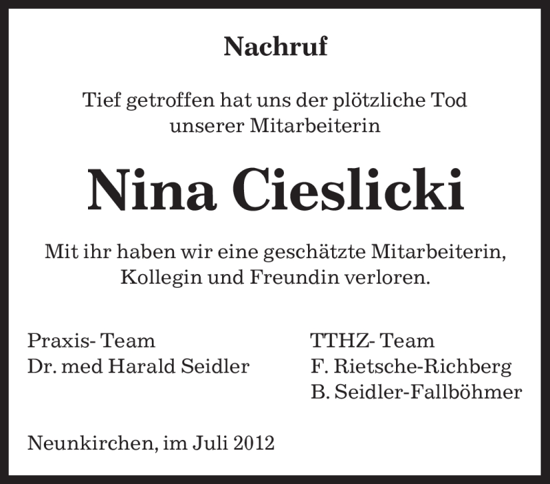  Traueranzeige für Nina Cieslicki vom 19.07.2012 aus SAARBRÜCKER ZEITUNG