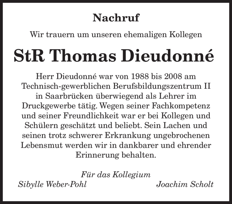  Traueranzeige für Thomas Dieudonné vom 20.08.2011 aus SAARBRÜCKER ZEITUNG