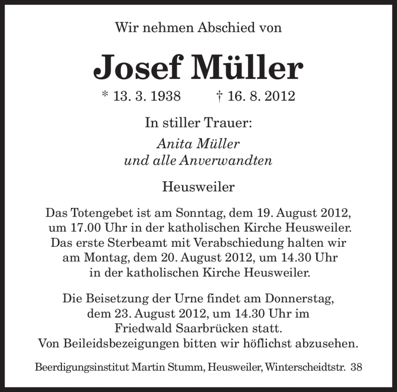  Traueranzeige für Josef Müller vom 18.08.2012 aus SAARBRÜCKER ZEITUNG