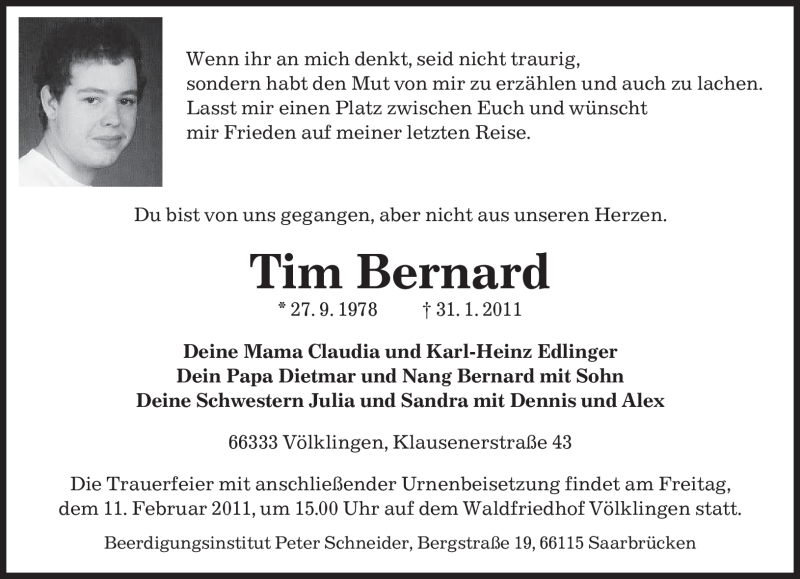  Traueranzeige für Tim Bernard vom 05.02.2011 aus SAARBRÜCKER ZEITUNG