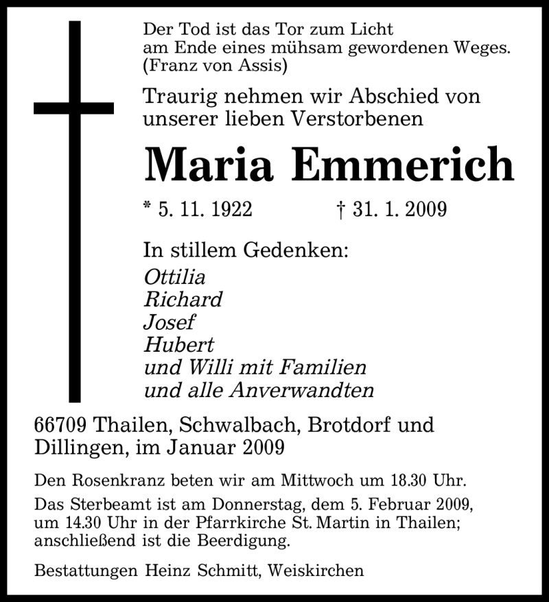  Traueranzeige für Maria Emmerich vom 03.02.2009 aus SAARBRÜCKER ZEITUNG