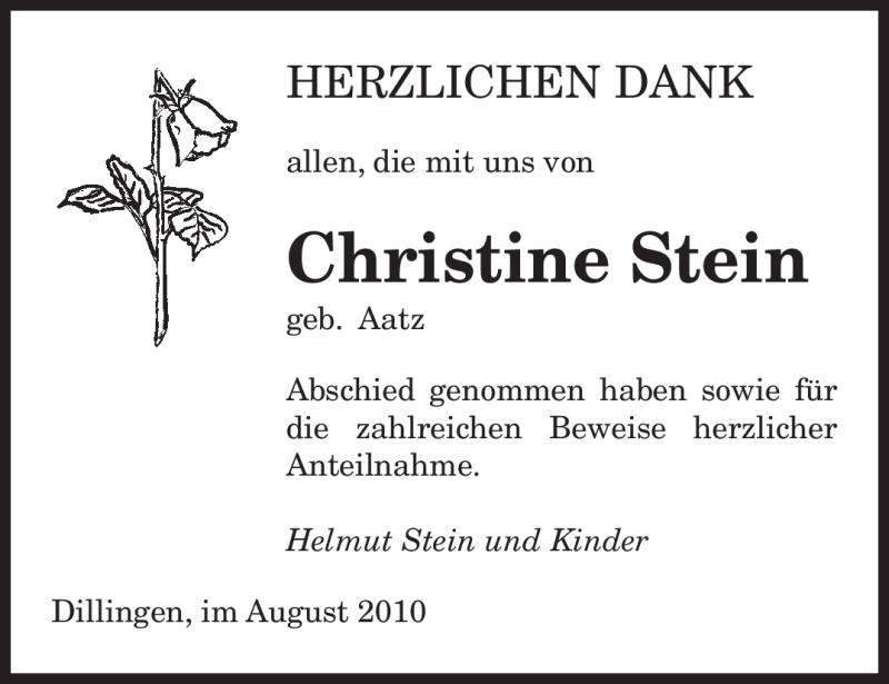  Traueranzeige für Christine Stein vom 14.08.2010 aus SAARBRÜCKER ZEITUNG