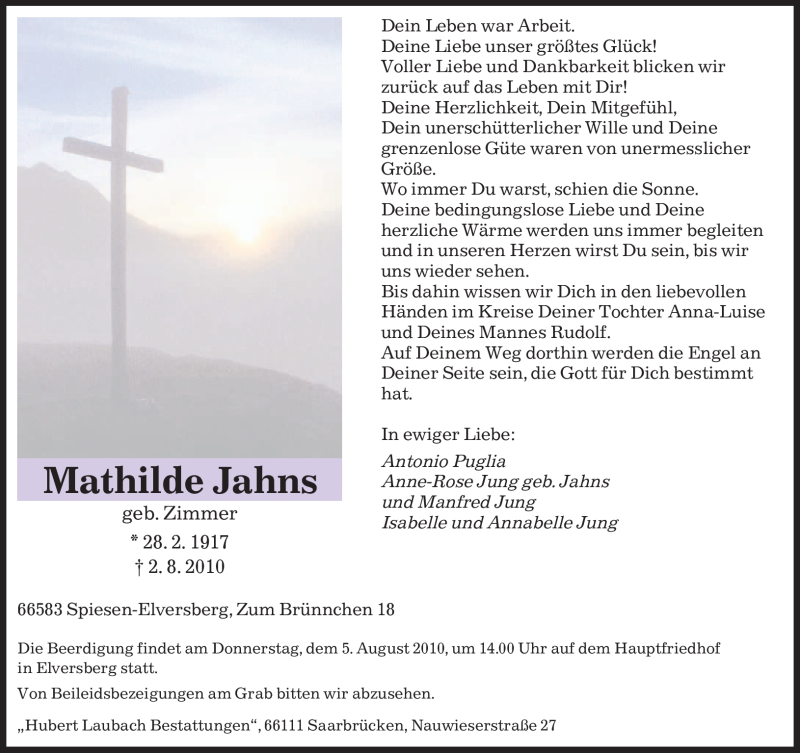  Traueranzeige für Mathilde Jahns vom 04.08.2010 aus SAARBRÜCKER ZEITUNG