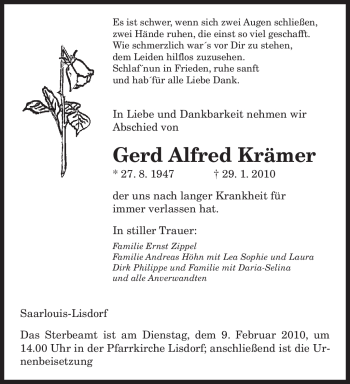 Traueranzeige von Gerd Alfred Krämer von SAARBRÜCKER ZEITUNG
