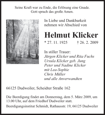Traueranzeige von Helmut Klicker von SAARBRÜCKER ZEITUNG