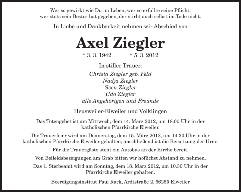  Traueranzeige für Axel Ziegler vom 10.03.2012 aus SAARBRÜCKER ZEITUNG