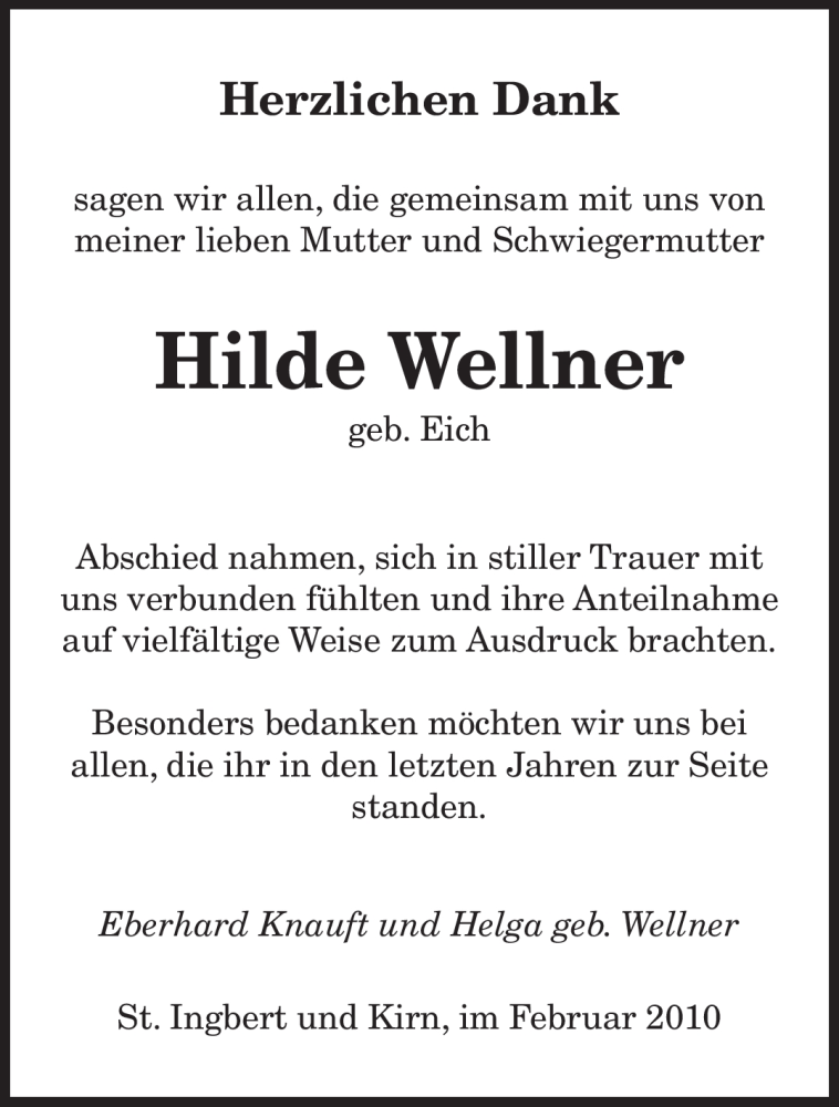 Traueranzeigen von Hilde Wellner | Saarbruecker-Zeitung.Trauer.de