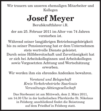 Traueranzeige von Josef Meyer von SAARBRÜCKER ZEITUNG