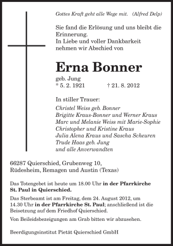 Traueranzeige von Erna Bonner von SAARBRÜCKER ZEITUNG