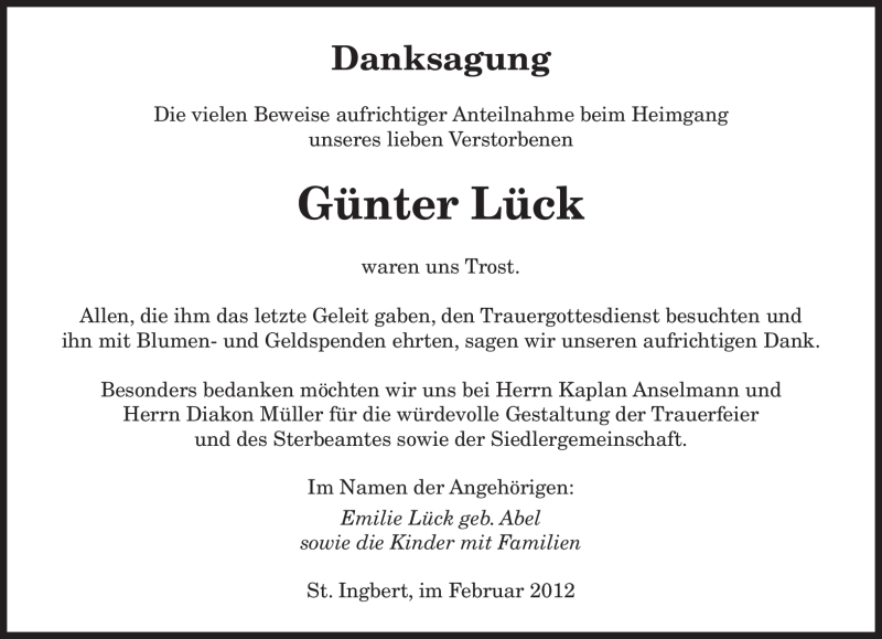  Traueranzeige für Günter Lück vom 18.02.2012 aus SAARBRÜCKER ZEITUNG