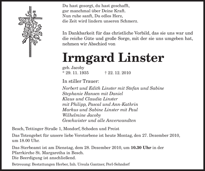  Traueranzeige für Irmgard Linster vom 27.12.2010 aus SAARBRÜCKER ZEITUNG