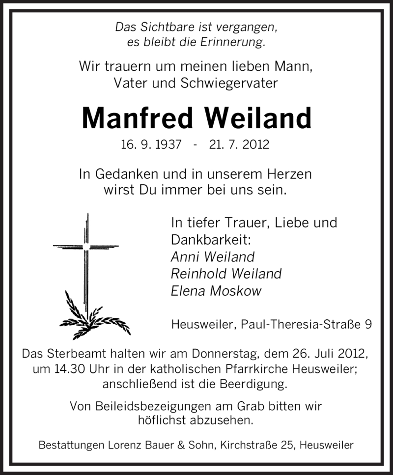  Traueranzeige für Manfred Weiland vom 24.07.2012 aus SAARBRÜCKER ZEITUNG