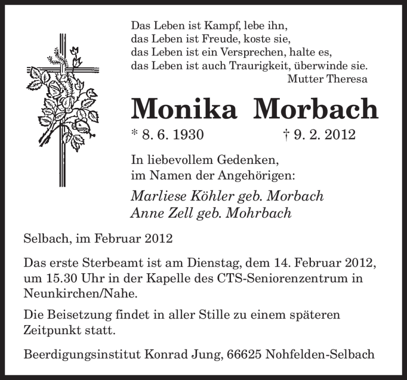  Traueranzeige für Monika Morbach vom 13.02.2012 aus SAARBRÜCKER ZEITUNG