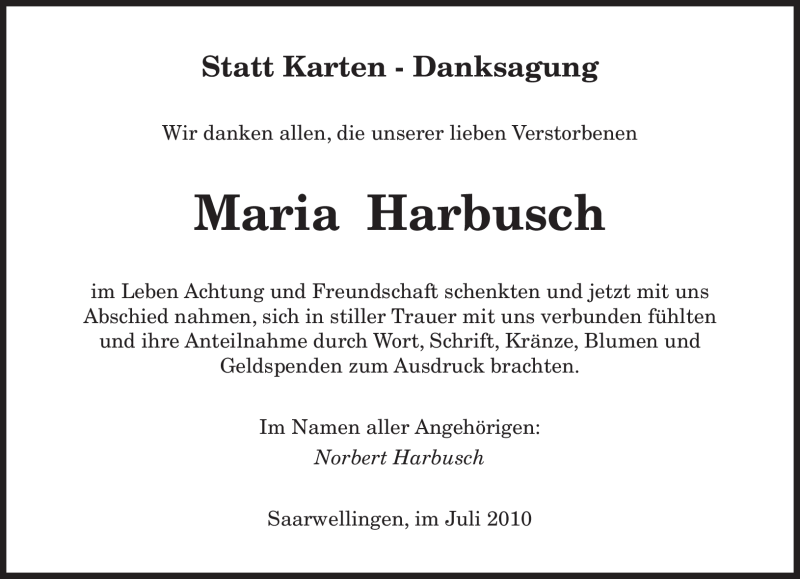  Traueranzeige für Maria Harbusch vom 24.07.2010 aus SAARBRÜCKER ZEITUNG