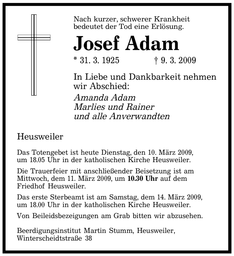  Traueranzeige für Josef Adam vom 10.03.2009 aus SAARBRÜCKER ZEITUNG