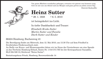 Traueranzeige von Heinz Sutter von SAARBRÜCKER ZEITUNG