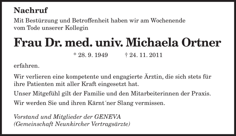  Traueranzeige für Michaela Ortner vom 30.11.2011 aus SAARBRÜCKER ZEITUNG