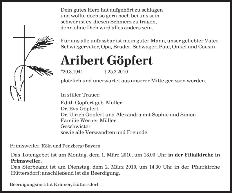  Traueranzeige für Aribert Göpfert vom 27.02.2010 aus SAARBRÜCKER ZEITUNG
