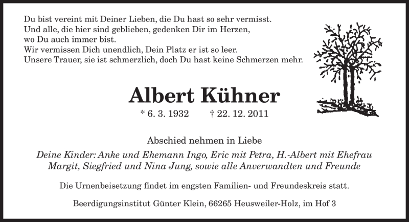  Traueranzeige für Albert Kühner vom 02.01.2012 aus SAARBRÜCKER ZEITUNG