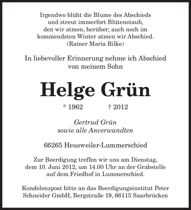  Traueranzeige für Helge Grün vom 06.07.2012 aus SAARBRÜCKER ZEITUNG