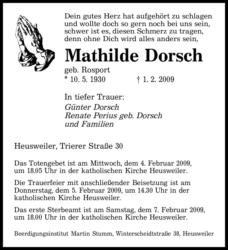  Traueranzeige für Mathilde Dorsch vom 03.02.2009 aus SAARBRÜCKER ZEITUNG