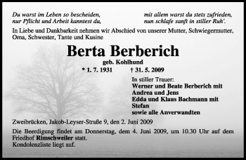 Traueranzeige von Berta Berberich von SAARBRÜCKER ZEITUNG