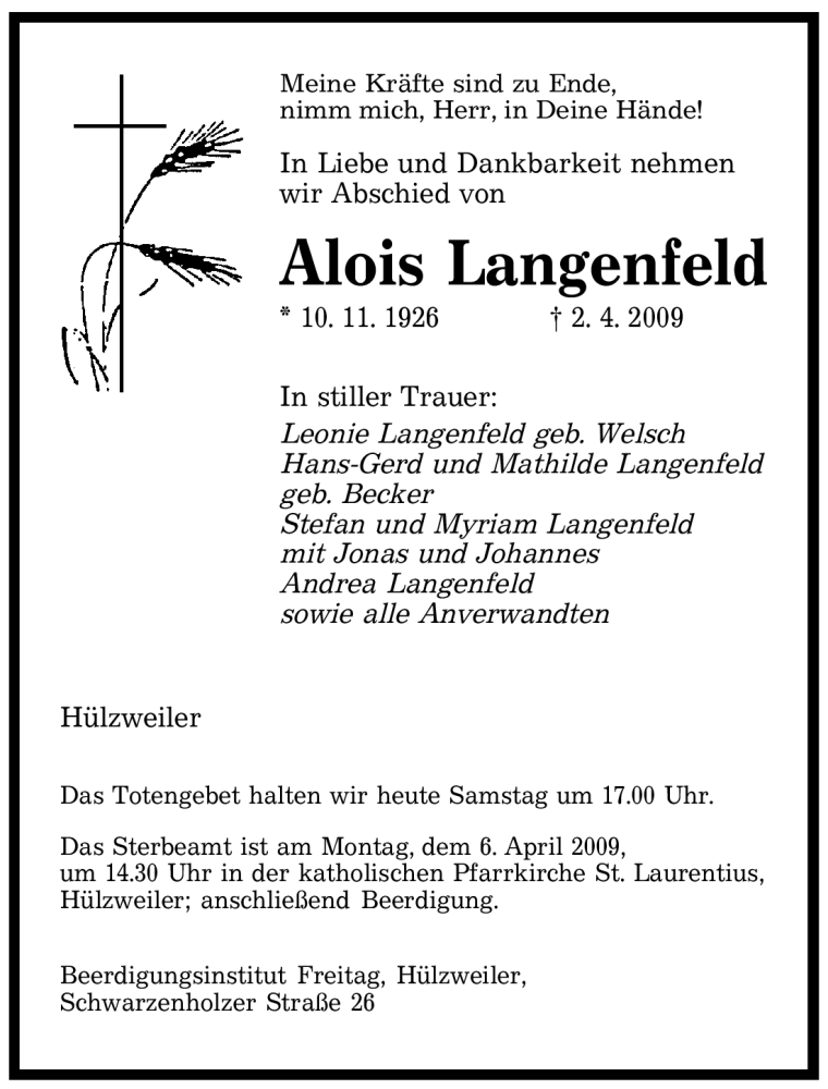  Traueranzeige für Alois Langenfeld vom 04.04.2009 aus SAARBRÜCKER ZEITUNG