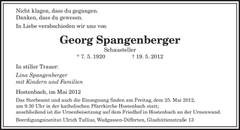 Traueranzeige von Georg Spangenberger von SAARBRÜCKER ZEITUNG