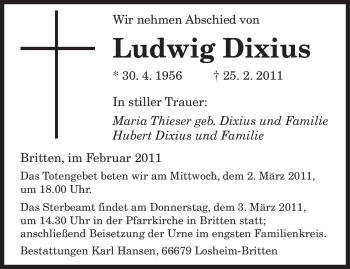 Traueranzeige von Ludwig Dixius von SAARBRÜCKER ZEITUNG