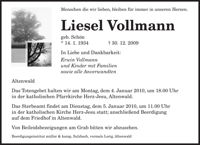  Traueranzeige für Liesel Vollmann vom 02.01.2010 aus SAARBRÜCKER ZEITUNG