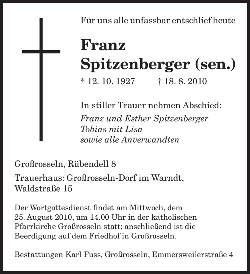  Traueranzeige für Franz Spitzenberger vom 21.08.2010 aus SAARBRÜCKER ZEITUNG