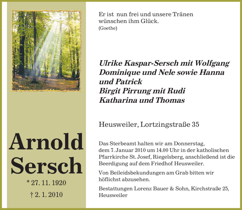  Traueranzeige für Arnold Sersch vom 05.01.2010 aus SAARBRÜCKER ZEITUNG