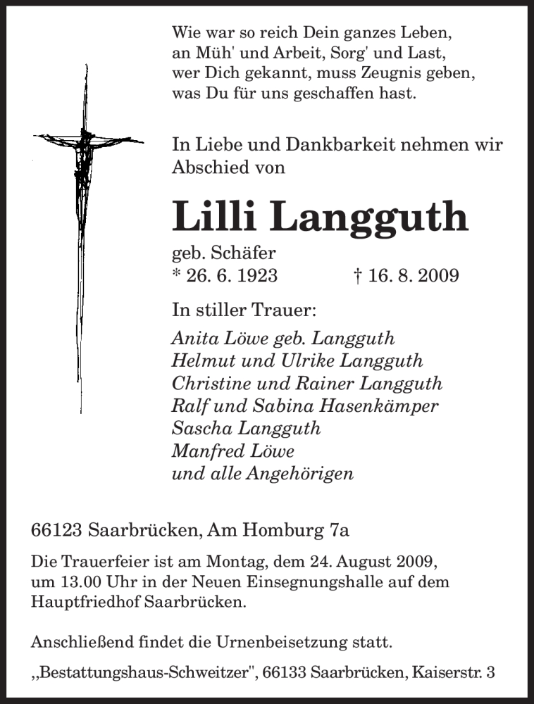  Traueranzeige für Lilli Langguth vom 19.08.2009 aus SAARBRÜCKER ZEITUNG