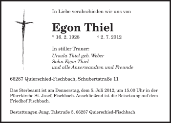 Traueranzeige von Egon Thiel von SAARBRÜCKER ZEITUNG