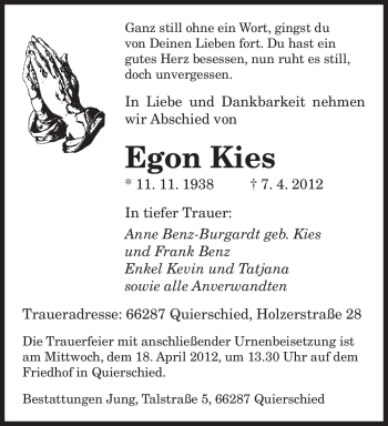 Traueranzeige von Egon Kies von SAARBRÜCKER ZEITUNG